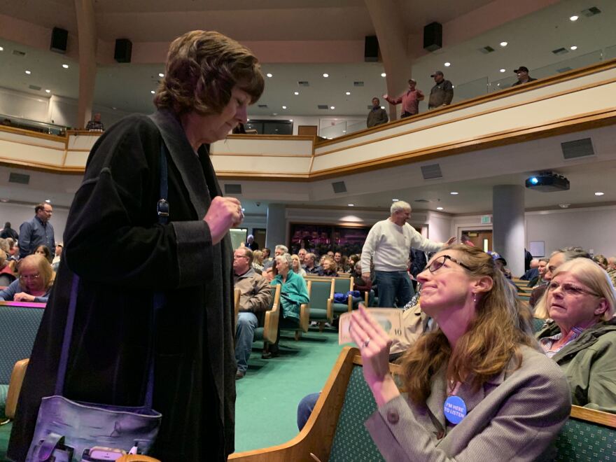 Paradise Mayor Jody Jones talks with anxious constituents about rebuilding their town, destroyed in last fall's Camp Fire, at a recent town hall meeting at Paradise Alliance Church.