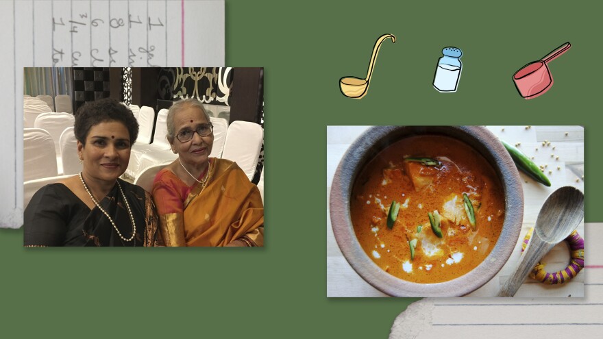 Left: Sujata Halarnkar and her mother, Sulochana Shridhankar. Right: Fish curry.