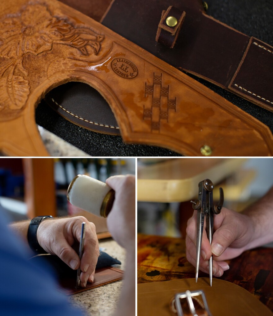 Schneider has been doing leatherwork for the past five years as therapy. He also teaches the craft to other veterans. Schneider uses stamping tools to emboss leather (top; bottom left) and plans where stitching will go (bottom right) on a final product.