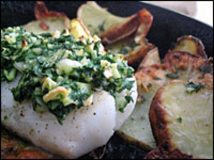 Roast Cod Fillets with Potatoes, Garlic and Olive Oil