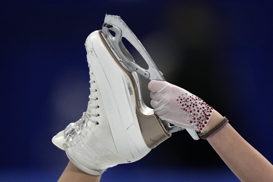 Anastasiia Shabotova, of Ukraine, competes in the women's short program team figure skating competition at the 2022 Winter Olympics, Sunday, Feb. 6, 2022, in Beijing.