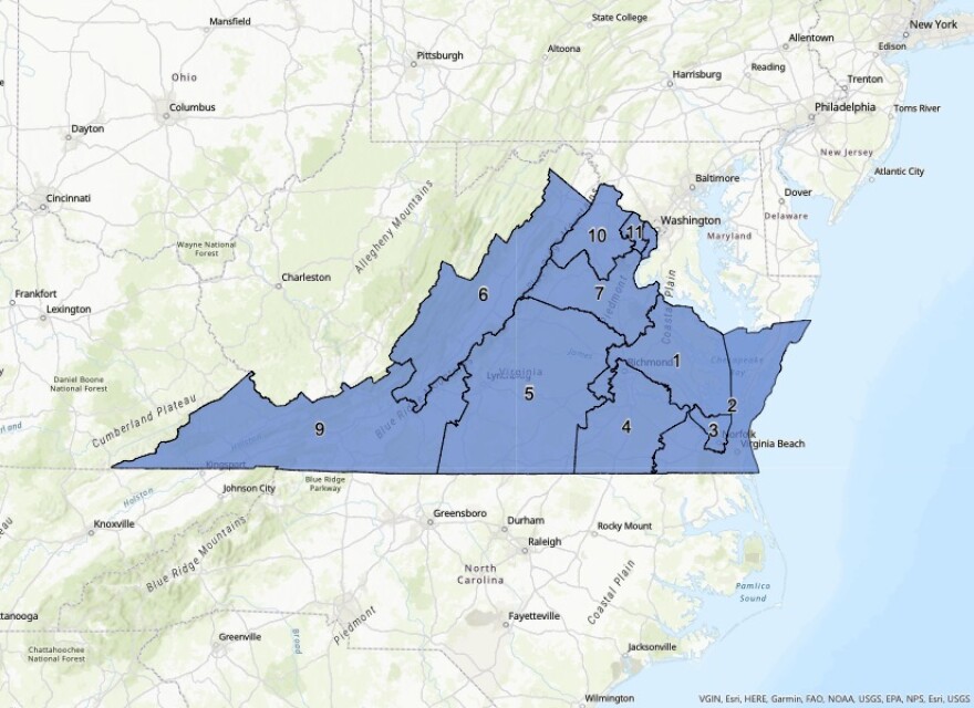 a map of virginia's new congressional district boundaries. there are 11 in total and virginia is the color blue.