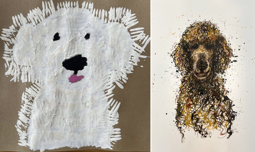 Two images, on the left a painting of a white dog and on the right a rendering of a standard poodle made with ink on watercolor paper.