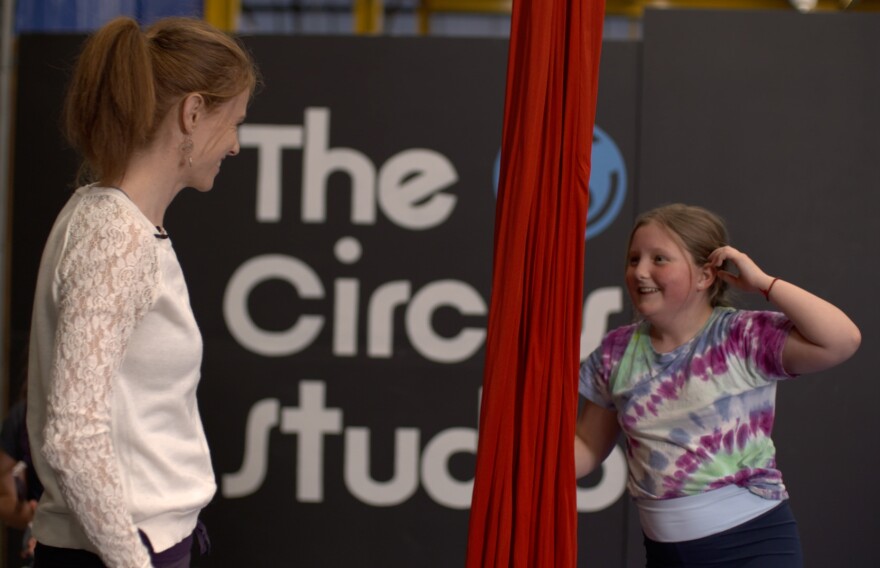 Adie Delaney with student at The Circus Studio.
