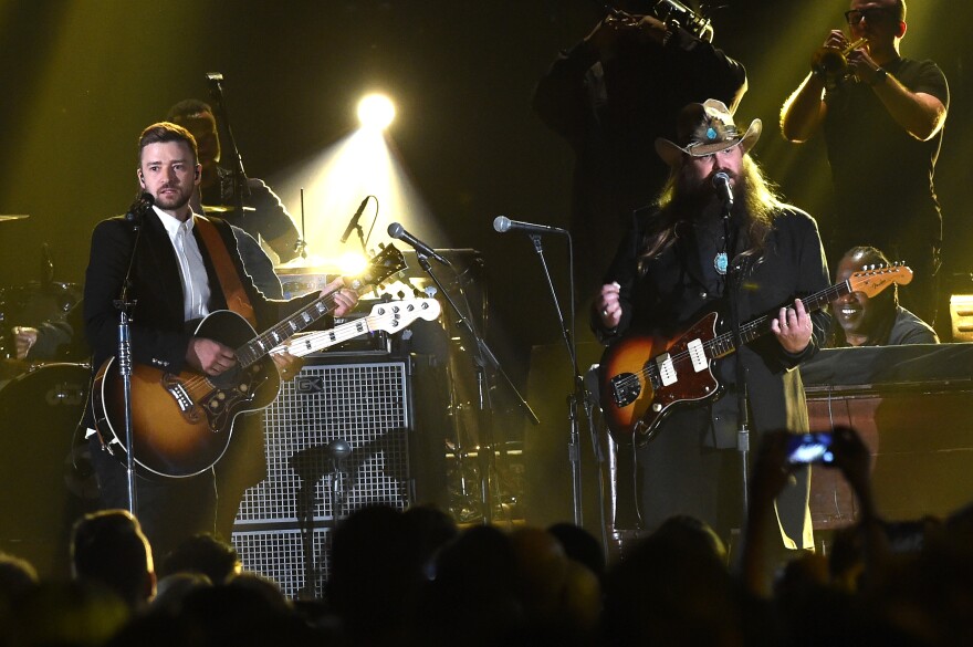 Justin Timberlake and Chris Stapleton perform at the 49th annual CMA Awards in 2015.