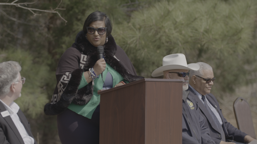 Michelle Johnson speaking at podium