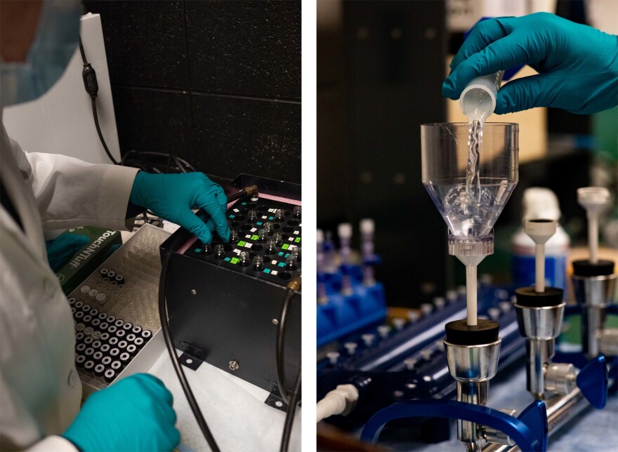 Back in the lab at Bowling Green State University lab in Bowling Green, Ohio, on Feb. 16: (Left) Professor Mike McKay uses a photosynthetron to see how plankton responds to light, a key variable regulating life under the ice. (Right) Graduate student Ryan Wagner pours lake water into a beaker to concentrate plankton and measure chlorophyll as a proxy for plankton abundance.