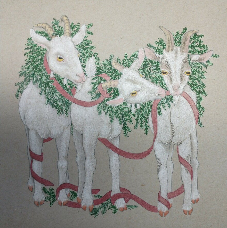 A colored pencil drawing of three white goats, with green wreathes around their necks, and a red ribbon weaving through their legs. One goat is nibbling on the ribbon.