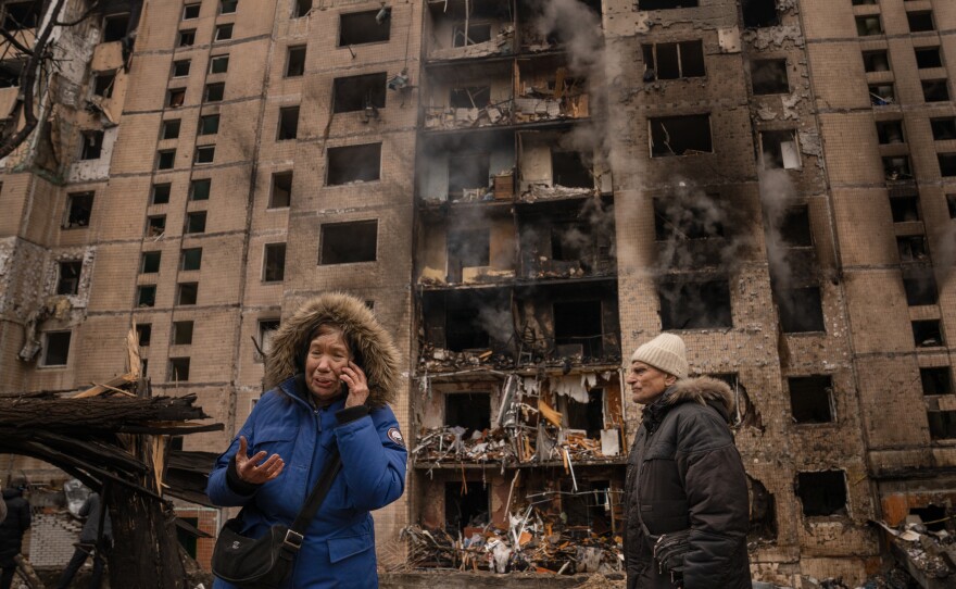 Kyiv cityscape in winter showing residential buildings