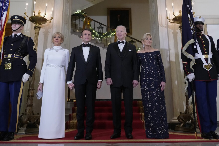 President Biden and first lady Jill Biden pose for a photo with French President Emmanuel Macron and his wife Brigitte Macron in the Grand Foyer of the White House before Thursday's State Dinner in Washington, D.C.