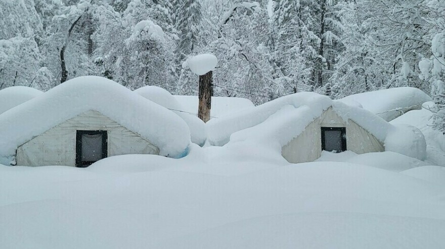 Tents at Curry Village are covered with snow in Yosemite National Park on Tuesday.