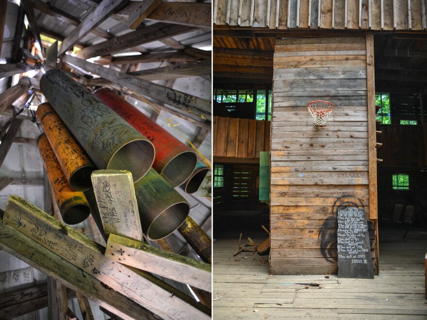 In the steeple hung a church bell made of disused oxygen and acetylene tanks.