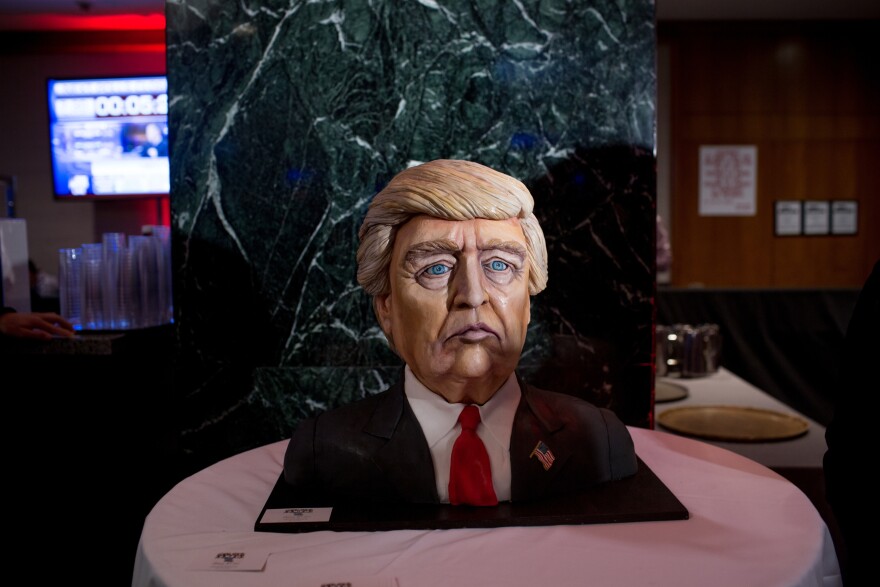 A bust of Donald Trump in cake form on display ahead of Trump's election night event at the New York Hilton Midtown.