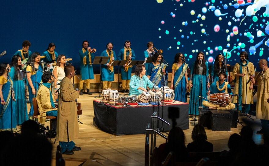 Members of The Berklee Indian Ensemble with Zakir Hussain.
