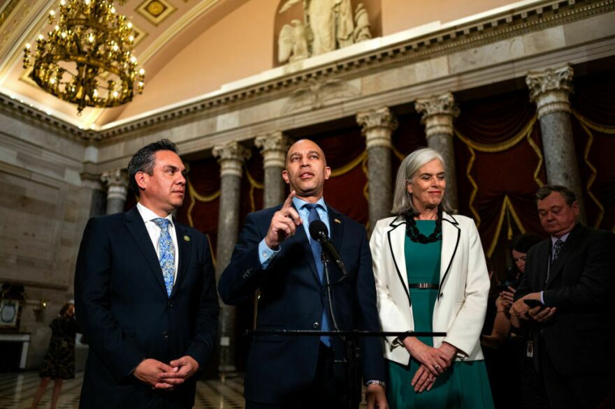 House Democratic Caucus Chair Pete Aguilar of California, House Minority Leader Hakeem Jeffries of New York and House Minority Whip Katherine Clark of Massachusetts speak during a news conference at the U.S. Capitol on Wednesday.