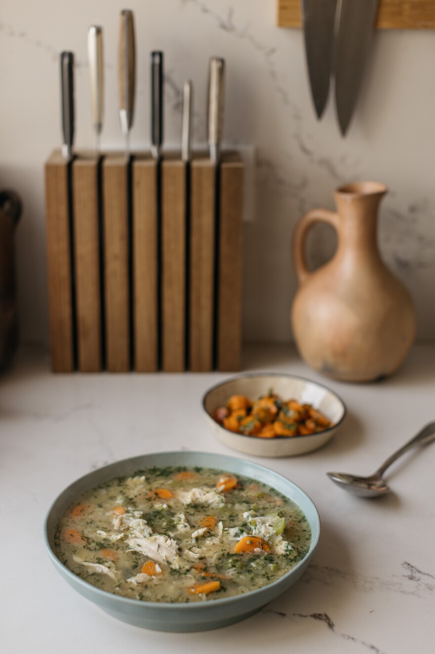 Dilly Chicken & Rice Soup and Moroccan Carrot Salad, prepared by Adeena Sussman, author of <em>Shabbat</em>, in her Tel Aviv kitchen on Friday morning, Sept. 1, 2023.