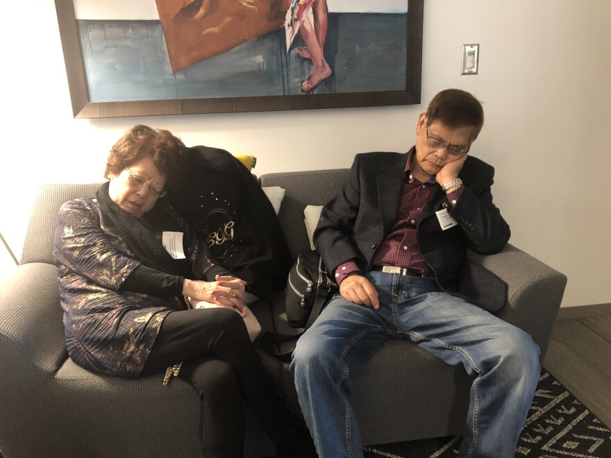 Ailsa Chang's parents sleeping in her office at NPR HQ during tapings. They were wiped out from all the excitement!