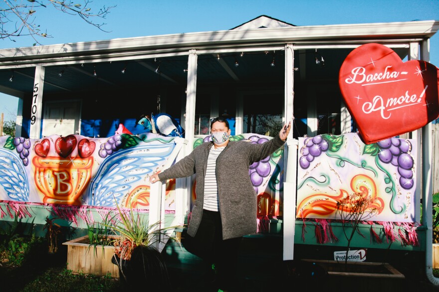 Inez Pierre, of Crescent City Artists, stands in front of her family's home. It's one of 63 house floats created by the family's business. "All we want to do is make people happy, make people smile."
