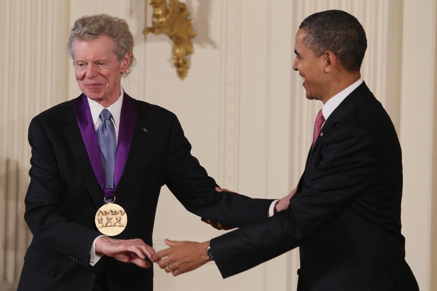 President Obama congratulates musician Van Cliburn after presenting him with the 2010 National Medal of Arts, during a ceremony at the White House, on March 2, 2011.