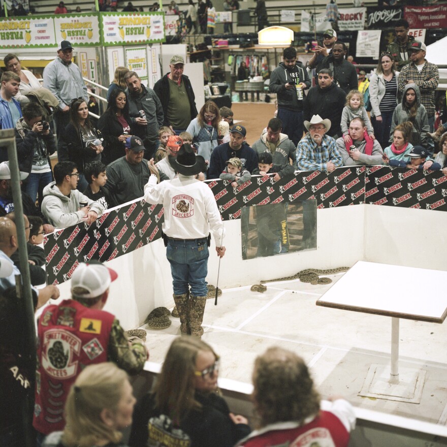 A crowd gathers to watch a Sweetwater Jaycees demonstration during the 2020 Rattlesnake Roundup.