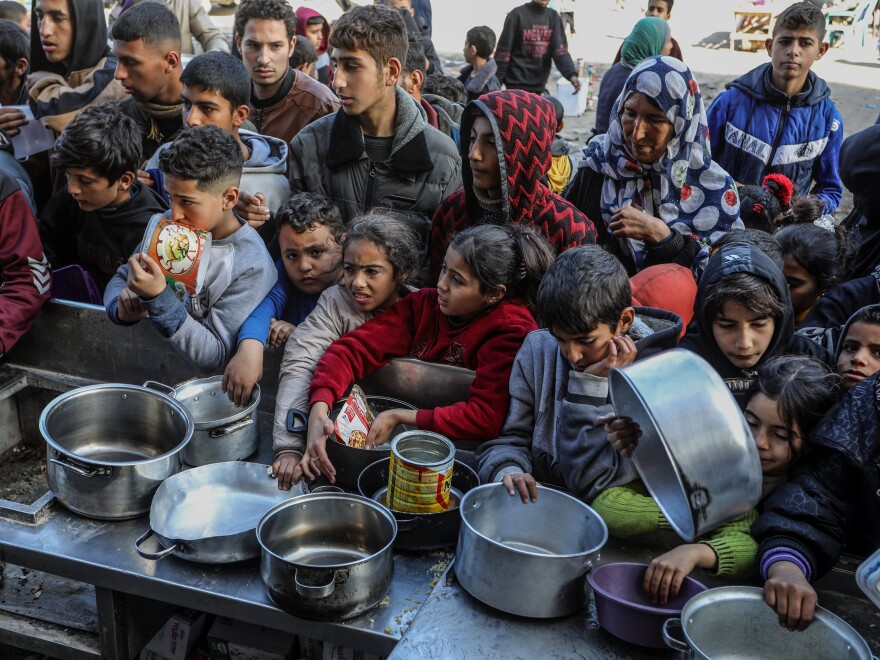 In Gaza, people line up for food distribution.