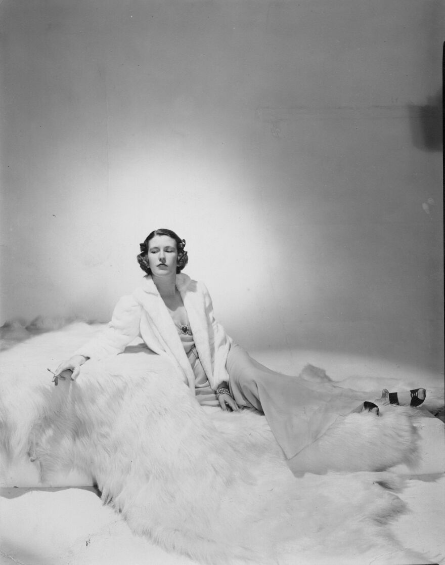 Nancy Hale in 1936, photographed for Harper's Bazaar in a white ermine jacket.