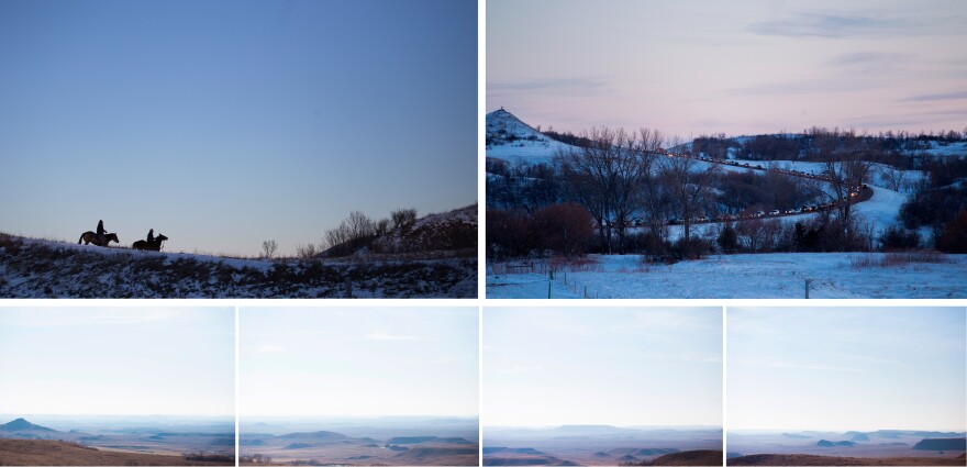(Top left) People on horseback ride to camp from the front lines of the protest on Dec. 4, after news that the Army Corps of Engineers did not approve an easement that would have allowed Dakota Access Pipeline to cross under Lake Oahe. (Right) A line of cars waits to enter Oceti Sakowin Camp in the snow. (Bottom) A panoramic view of the Standing Rock Reservation, as seen from Route 24.