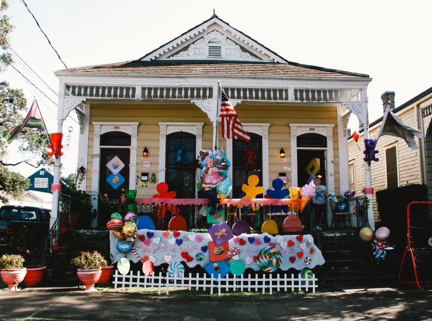 The "Candyland" themed house float of Chrissy Whalin and her 12-year-old son Zephyr Cooke is one of more than a hundred in the Algiers Point neighborhood of New Orleans.