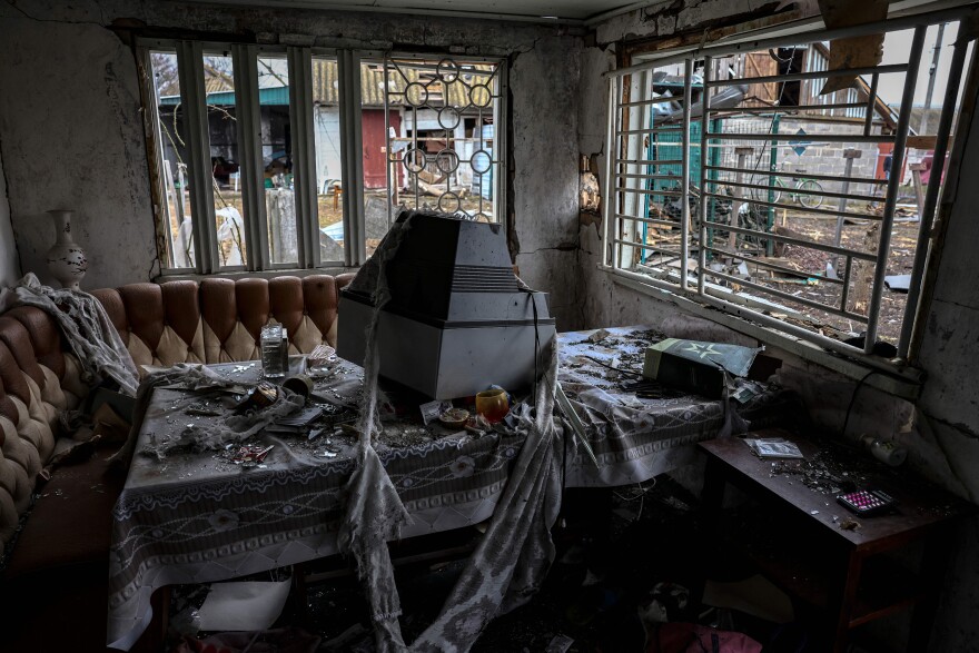 <strong>March 30:</strong> The interior of a destroyed house in the village of Lukianivka.