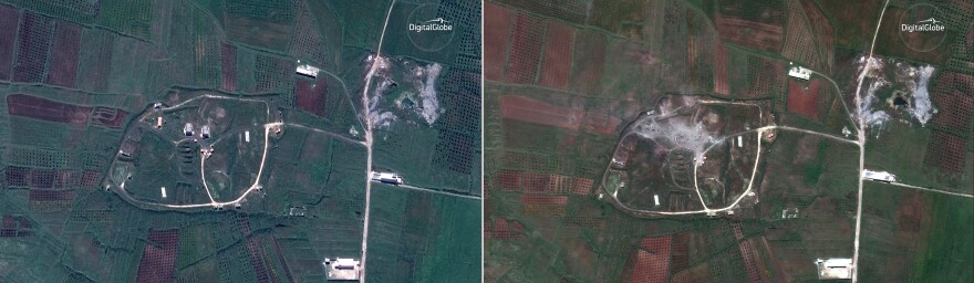 Satellite images taken the day before the missile attack (left) and the day of the attack (right) appear to show the Shinshar chemical weapons facility outside Homs.