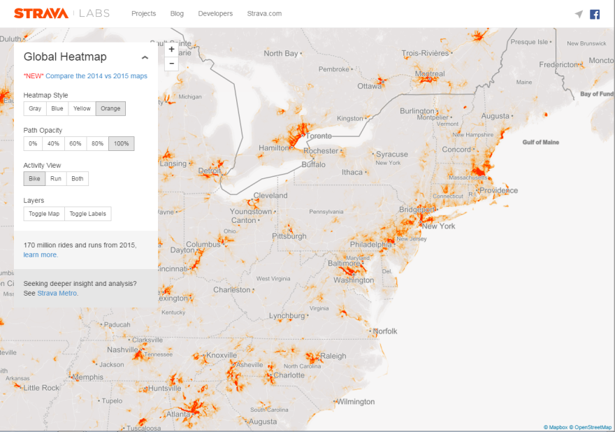 A screenshot from the Strava Labs website shows the visualization of biking activity data around the world. The <a href="http://labs.strava.com/heatmap/#3/-45.61523/8.10274/gray/bike">Strava Global Heatmap</a> is free of charge for advocacy organizations and the general public to access online.