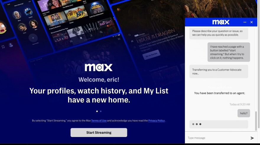 Screenshot of attempt to enter Max service.