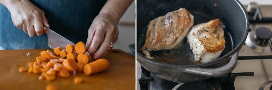 Adeena Sussman chops carrots and cooks chicken for her soup recipe.