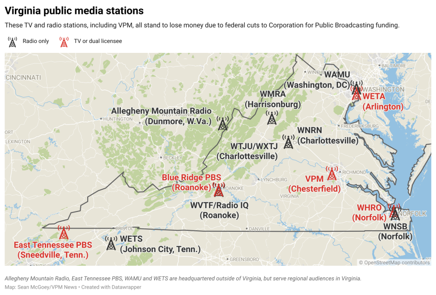 A map of public media stations that serve Virginia audiences: Allegheny Mountain Radio (Dunmore, W.Va.); Blue Ridge PBS (Roanoke); East Tennessee PBS (Sneedville, Tenn.); VPM (Richmond/Chesterfield County); WAMU (Washington, DC); WETA (Arlington); WETS (Johnson City, Tenn.); WHRO (Norfolk); WMRA (Harrisonburg); WNRN (Charlottesville); WNSB (Norfolk); WTJU/WXTJ (Charlottesville); WVTF/Radio IQ (Roanoke)