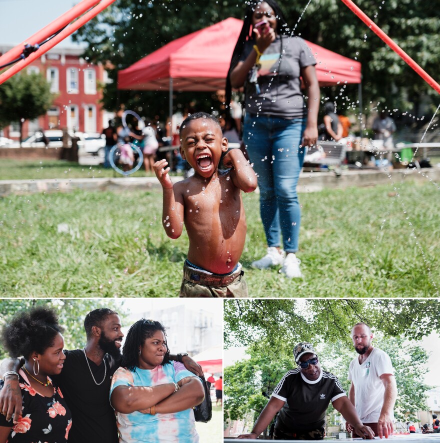 Top: Children in Franklin Square play in a temporary splash park. Left: Jami (from left), Louis and Shakira Franklin joke with their neighbors. Right: Thelma Terrell (left) and Daniel Greenspan discuss park design proposals.