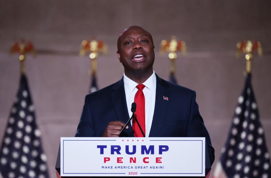 Sen. Tim Scott, R-S.C. addresses the 2020 Republican National Convention. Scott has been talked about as a potential 2024 presidential candidate.