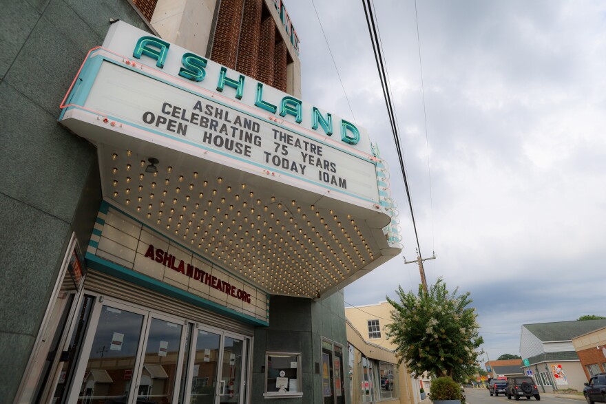 Ashland Theatre exterior marquee: "Ashland Theatre Celebrating 75 Years Open House Today 10AM" "ashlandtheatre.org"