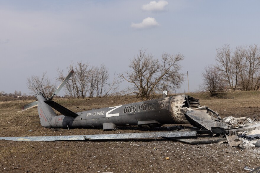 <strong>March 31:</strong> A "Z" is seen painted on the wreckage of a downed Russian helicopter in Malaya Rohan, Ukraine.