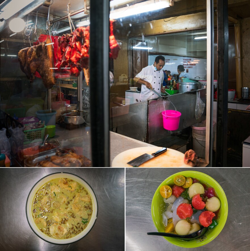 Top: Giat, one of the cooks at a food stall in Jakarta. Left: Soto Medan, coconut milk-based soup. Right: Es Teler, a fruit cocktail desert.
