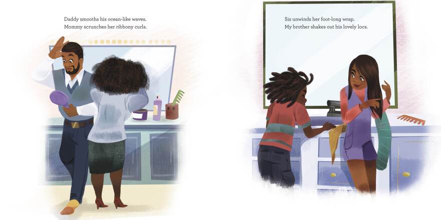 An illustration from Bedtime Bonnet shows members of a family doing their hair in the morning.