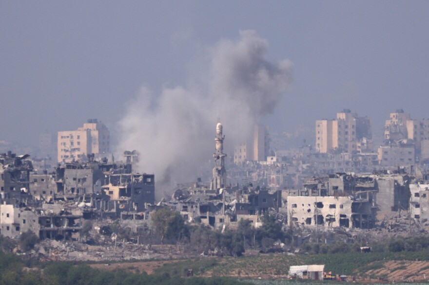 Smoke rises from an explosion in Gaza on Saturday.