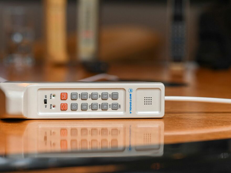 A contemporary copy of the original cell phone that engineer Martin Cooper used to make the first mobile call on April 3, 1973