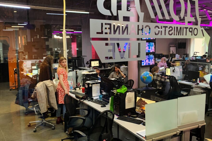 Borzunova stands in the TV Rain newsroom. TV Rain, which at first called itself "the optimistic channel," has become an alternative to state television.